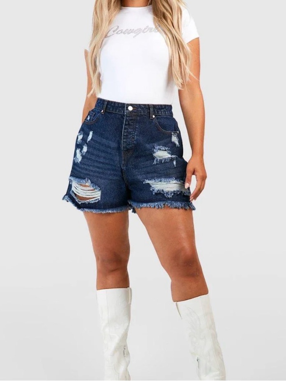 High-Rise Dark Blue Distressed Denim Jean Shorts